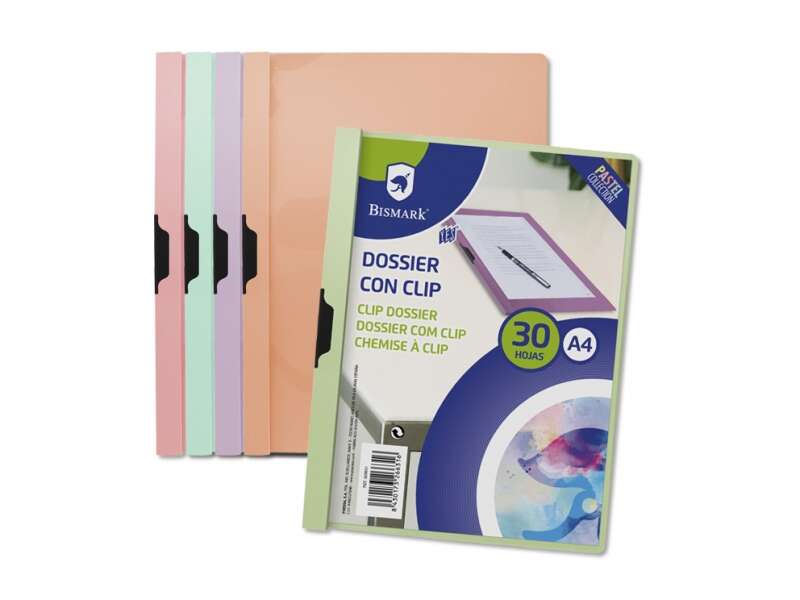 Bismark Dossier Con Clip A4 - Capacidad 30 Hojas - Polipropileno Transparente - Clip Metalico Lateral - Colores Pastel Surtidos