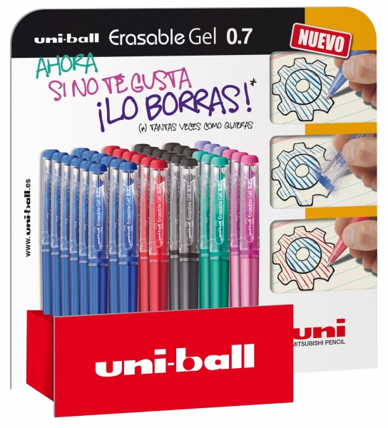 Uni-Ball Erasable Uf-222 Expositor De 36 Rollers De Gel Borrable - Punta De Bola 0.7Mm - Tinta Termosensible - Doble Goma Borradora - Colores Surtidos