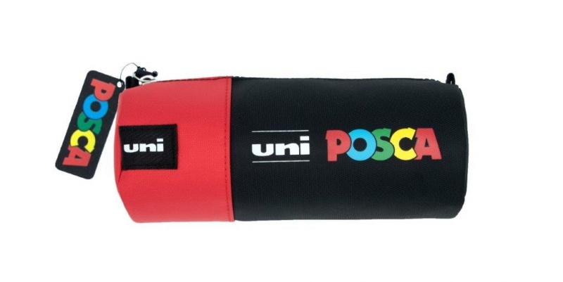 Uni Posca Estuche De Lona 8,5X19,5Cm - Ideal Para Rotuladores Y Utiles Escolares - Cierre De Cremallera - Color Negro/Rojo