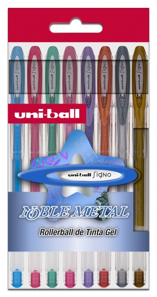Uni-Ball Um-120 Nm Signo Noble Metal Estuche De 8 Rollers De Tinta Gel - Punta De Bola 0.8Mm - Tinta Resistente Al Agua Y Luz - Escribe En Papel Negro Y Blanco - Color Surtido