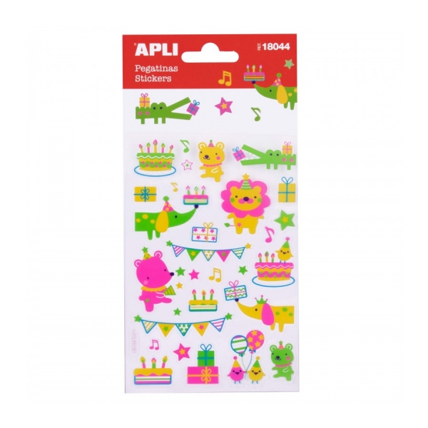 Apli Bolsa De Pegatinas Animales Y Fiesta De Cumpleaños - Acabado Neon - Adhesivo Permanente - Ideal Para Scrapbooking Y Decoracion - Estimula Creatividad Y Psicomotricidad Fina