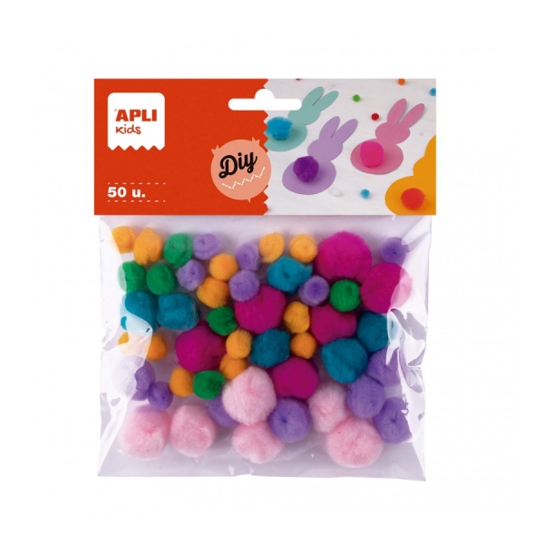 Apli Pack De 50 Pompones De Tacto Suave - Ideal Para Manualidades Infantiles - Estimula La Creatividad - Colores Surtidos