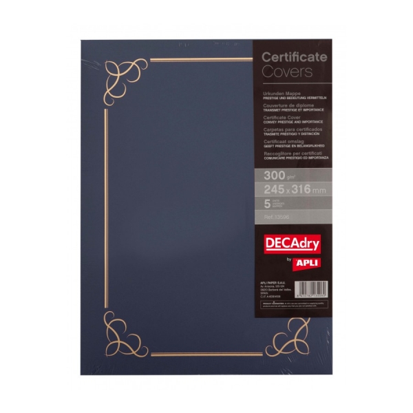 Apli Pack De 5 Carpetas Para Certificados Y Diplomas - 300Gr - Borde Estampado - Pestañas Interiores - Color Azul