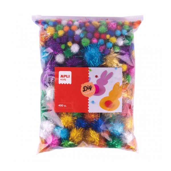 Apli Pack De 400 Pompones Brillantes - Formato Escolar - Cierre Zip Mejorado - Ideal Para Manualidades Y Decoraciones - Estimula La Creatividad Infantil - Colores Surtidos