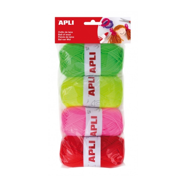Apli Pack De 4 Ovillos De Lana Acrilica Fluor - Flexibles Y Resistentes - Lavables A Maquina - Ideales Para Manualidades Y Tejido - Colores Surtidos