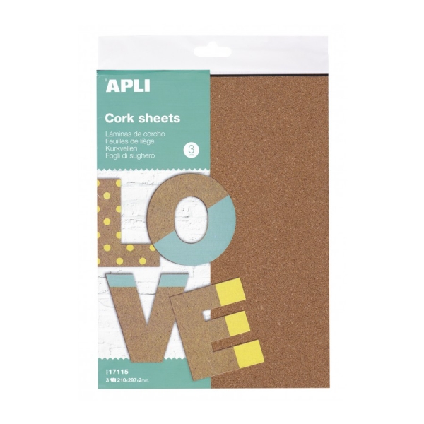 Apli Pack De 3 Hojas De Laminas De Corcho A4 - Natural Y Ecologico - Facil De Cortar Y Pintar - Ideal Para Manualidades Y Bricolaje