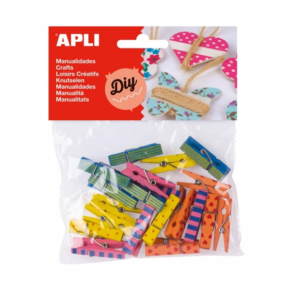 Apli Mini Pinzas De Madera - Estampados Surtidos - Ideal Para Decorar Y Sujetar Tarjetas, Fotos, Regalos Y Mas - Colores Surtidos