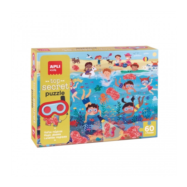 Apli Puzle Secreto Playa - Diseño Infantil Colorido - Piezas Resistentes Y Seguras - Incluye Gafas Magicas Y Poster Real - Mejora Habilidades Y Autoestima