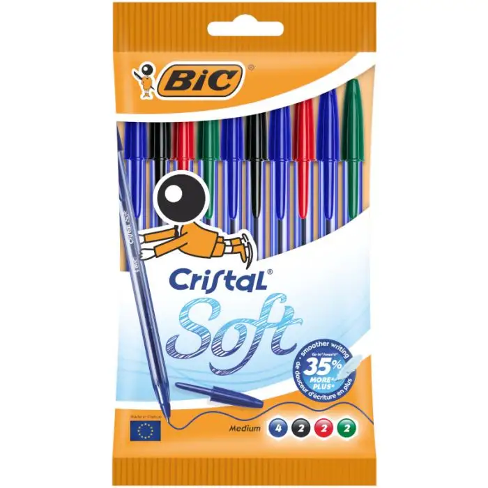 Bic Cristal Soft Pack De 10 Boligrafos De Bola - Punta Media De 1.2Mm - Trazo 0.45Mm - Escritura Mas Fluida - Colores Surtidos