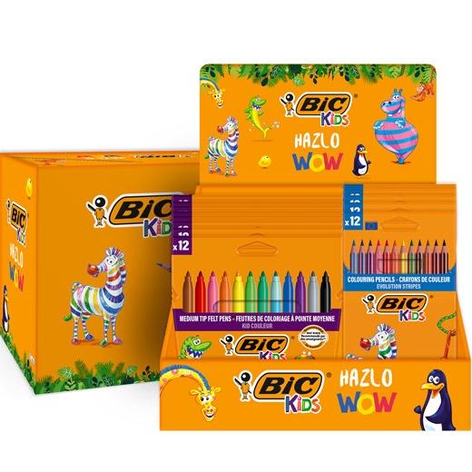 Bic Kids Expositor De 12 Packs De 12 Rotuladores Couleur + 12 Packs De 12 Lapices De Colores Evolution Stripes - Colores Surtidos