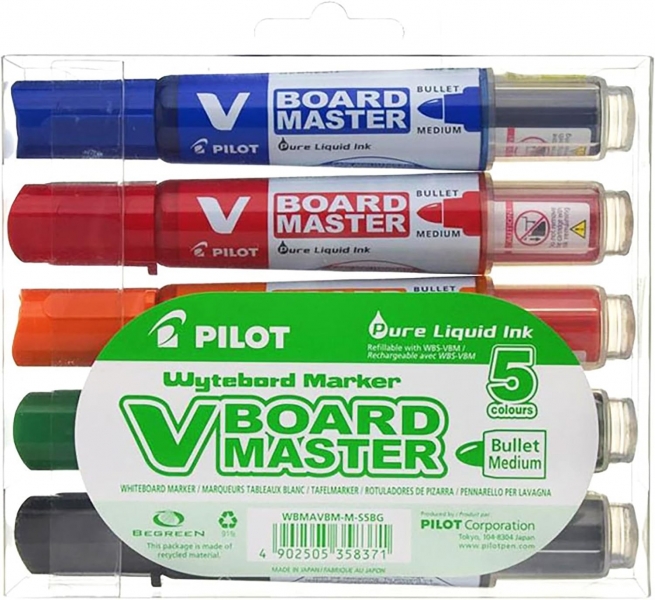 Pilot V-Board Master Begreen Pack De 5 Rotuladores Para Pizarra Blanca - Punta Redonda 6Mm - Trazo 2.3Mm - 91% Plastico Reciclado - Recargable - Colores Surtidos