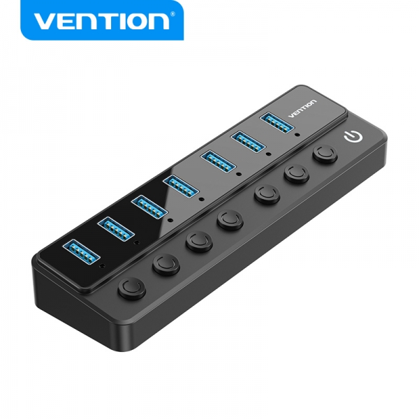 Vention Hub 7 En 1 Usb3.0 A 7Xusb3.0 Con Interruptores Individuales Y Alimentacion Externa - Color Negro