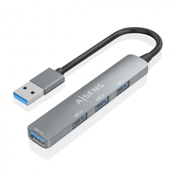 Aisens Hub Usb Ultra Delgado De Aluminio - 1Xusb3.0 + 3Xusb2.0 - Alta Velocidad 5 Gbps - Alimentacion Por Bus Usb - Color Gris