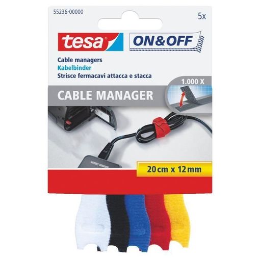 Tesa On & Off Cables Manager Pack De Tiras De Velcro 20Cm X 12Mm - Para Organizar Cables - Colores Surtidos