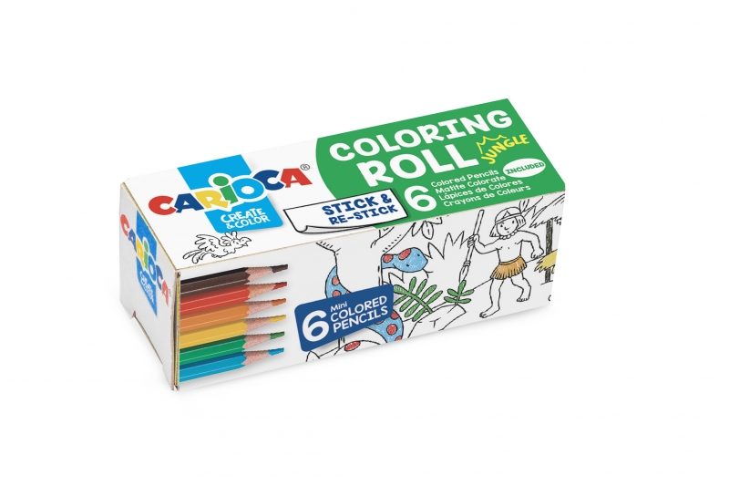 Carioca Mini Coloring Roll Jungle De Papel Adhesivo Para Colorear - Aplicable En Superficies Verticales U Horizontales - Reutilizable Sin Residuos - Incluye 6 Lapices De Colores - Color Varios