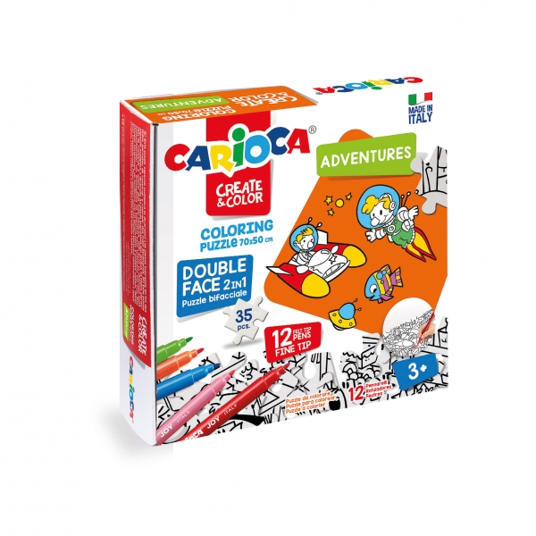 Carioca Create & Color Coloring Puzzle Adventures Pack De Puzle De 35 Piezas A Doble Cara Para Colorear - Dureza Del Carton Y Precision De Encajes - Incluye 12 Rotuladores Superlavables - Color Varios