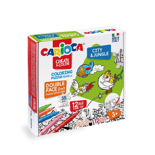Carioca Create & Color Coloring Puzzle City & Jungle Pack De 35 Piezas A Doble Cara Para Colorear - Dureza Del Carton Y Precision De Encajes - Incluye 12 Rotuladores Superlavables - Color Varios