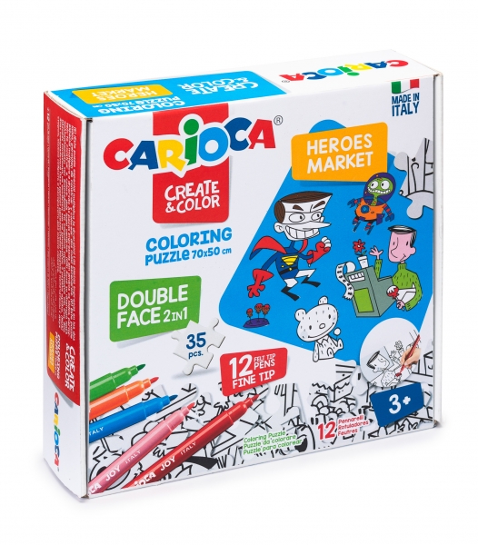 Carioca Coloring Puzzle Super Heroes & Market Pack De 35 Piezas A Doble Cara Para Colorear - Incluye 12 Rotuladores Superlavables - Carton Duro Y Encajes Precisos Para Facil Montaje - Color Varios