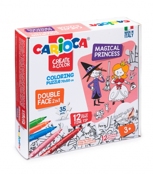 Carioca Create & Color Coloring Puzzle Magical Princess Pack De Puzle De 35 Piezas A Doble Cara Para Colorear - Incluye 12 Rotuladores Superlavables - Color Varios