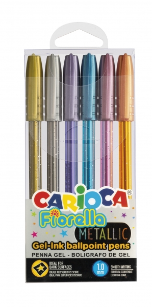 Carioca Fiorella Pack De 6 Boligrafos De Colores Metallic - Boligrafo Con Punta De Esfera Y Cuerpo Transparente Fluo - Escritura Brillante Y Colorida - Color Varios