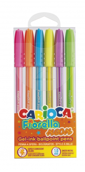 Carioca Fiorella Pack De 6 Boligrafos De Colores Neon - Boligrafo Con Punta De Esfera Y Cuerpo Transparente Fluo - Escritura Brillante Y Colorida - Color Varios