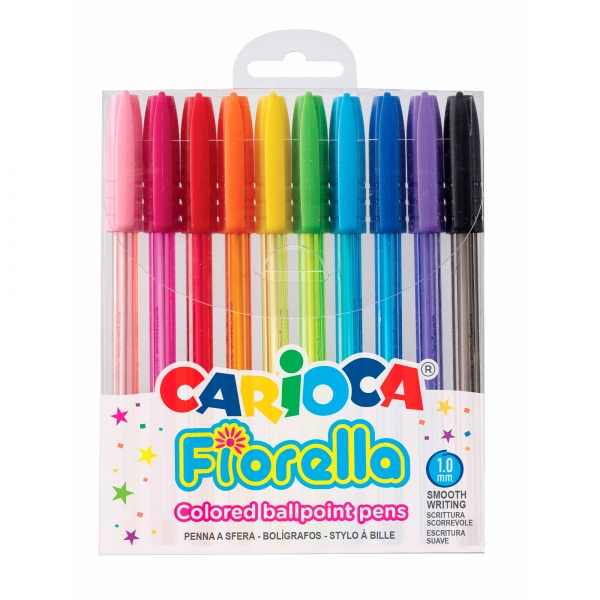 Carioca Fiorella Pack De 10 Boligrafos - Punta De Esfera - Cuerpo Transparente Fluo - Punta Ø 1Mm - Escritura Brillante Y Colorida - Color Varios