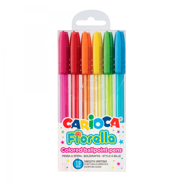 Carioca Fiorella Pack De 6 Boligrafos - Punta De Esfera - Cuerpo Transparente Fluo - Escritura Brillante Y Colorida - Color Varios