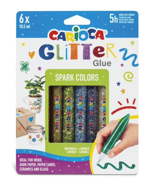 Carioca Glitter Glue Base Blister De 6 Tubitos De Cola De Color - Efecto Glitter - Aplicacion Directa - Secado En 30 Minutos - Color Varios