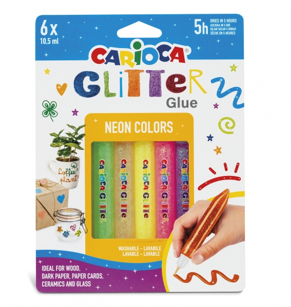 Carioca Glitter Glue Fluo Blister De 6 Tubitos De Cola De Color - Para Decorar Con Efecto Glitter - Se Aplica Directamente Sobre La Superficie - Seca En 30 Minutos - Color Varios