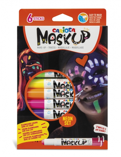 Carioca Mask Up Pack De 6 Colores Para La Piel En Barra Neon - Ideales Para Fiestas - Fluorescentes Con Luz Ultravioleta - Brillantes Y Lavables - 2 Tutoriales Incluidos - Color Varios
