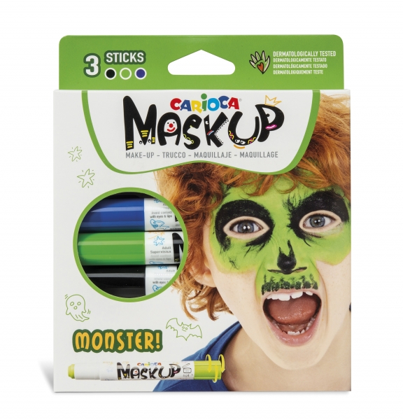 Carioca Mask Up Pack De 3 Colores Para La Piel En Barra Monsters - Colores Brillantes - Lavables Y Base Agua - Incluye Dos Tutoriales Paso A Paso - Color Varios