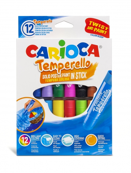 Carioca Temperello Pack De 12 Temperas Solidas - Colores Brillantes Y Lavables - Gran Cobertura - Faciles De Mezclar - Sin Disolventes - Acabado Satinado - Color Varios