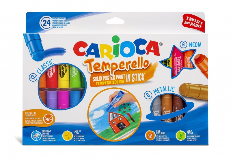 Carioca Temperello Pack De 24 Temperas Solidas - Colores Brillantes Y Lavables - Gran Cobertura - Faciles De Mezclar - Sin Disolventes - Acabado Satinado - Color Varios
