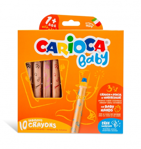 Carioca Baby 1+ 3In1 Pack De 10 Lapices - Lapiz, Cera Y Acuarela En Uno - Cuerpo Extragrande Facil De Agarrar - Acuarelables Con Agua Y Pincel - Color Varios