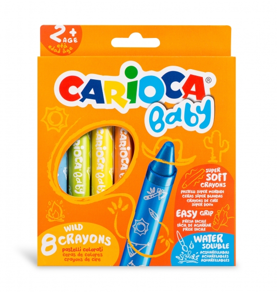 Carioca Pack De 8 Ceras Baby 2+ - Super Suaves - Gran Dimension Para Facil Agarre - Escritura Suave - Colores Brillantes Y Lavables - Acuarelables Con Agua Y Pincel - Color Varios