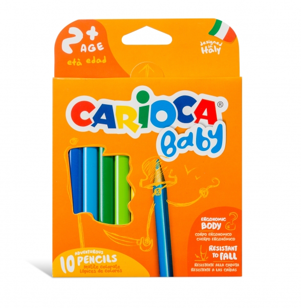 Carioca Maxi Pack De 10 Lapices Triangulares Baby 2+ - Facil De Agarrar - Cuerpo De Resina Sin Madera - No Se Astilla - Resistente A Caidas - Color Varios