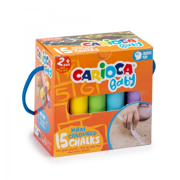Carioca Tizas Maxi Multicolor Baby Pack De 15 Tizas - Sin Polvo - Certificado A Partir De 24 Meses - Colores Brillantes - Lavables - Faciles De Borrar - Bote Con Asa - Color Varios