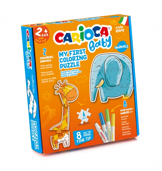 Carioca Coloring Puzzle Animals Baby 2+ Pack De Puzzle Super Simple Para Niños - 2 Animales De 3 Piezas - Piezas Para Colorear - 2 Animales De Referencia - 8 Rotuladores Superlavables - Color Varios