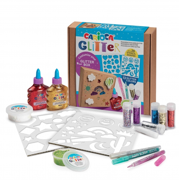 Carioca Glitter Creator Pack De 13 Productos Glitter Y 26 Plantillas - 2 Botellitas De Glitter Glue - 2 Botes De Pasta De Modelar Elastica Glitter Clay - 3 Rotuladores Glitter - 6 Purpurinas Glitter Dust - Color Varios