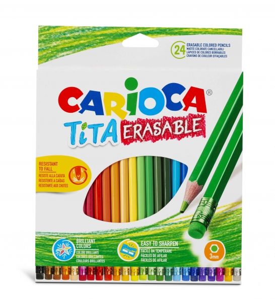 Carioca Tita Pack De 24 Lapices Borrables De Resina - Cuerpo Hexagonal - Colores Brillantes Y Lavables - Escritura Blanda - Mina Ø 3Mm - Color Varios