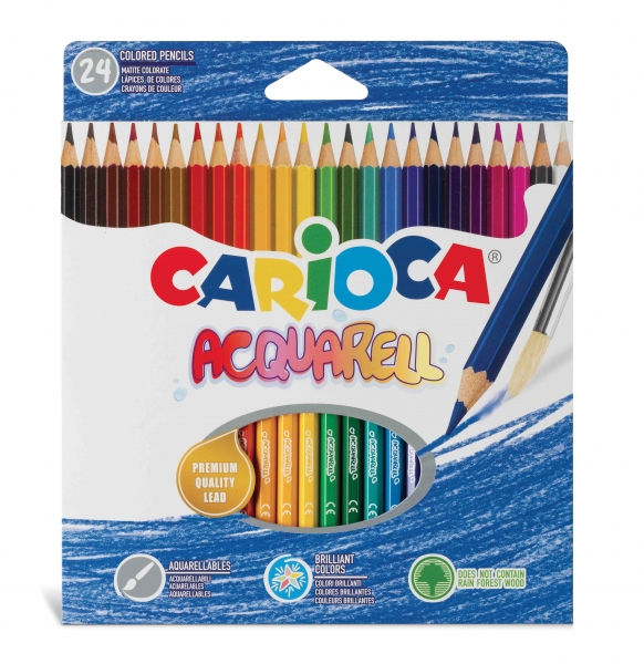 Carioca Acquarell Pack De 24 Lapices Acuarelables - Efecto Acuarela Con Agua Y Pincel - Colores Intensos - Escritura Suave - Mina De Ø 3.3Mm - Color Varios