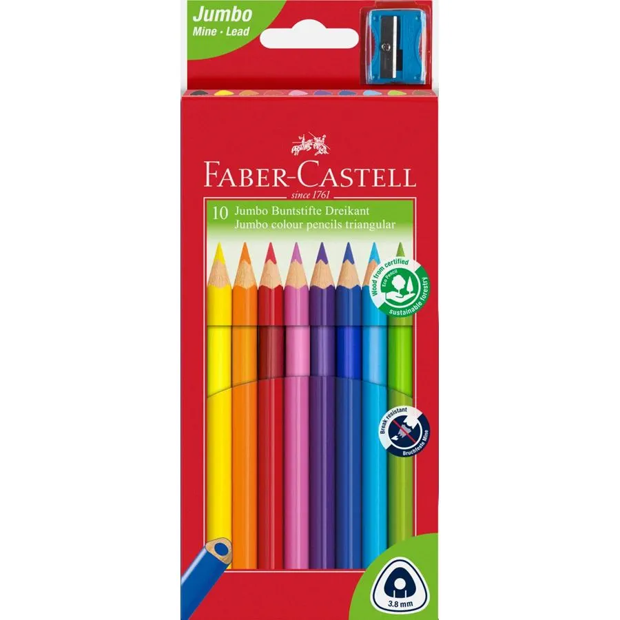 Faber-Castell Jumbo Junior Pack De 10 Lapices De Colores Triangulares + Sacapuntas - Mina Resistente A La Rotura - Lavable - Colores Surtidos