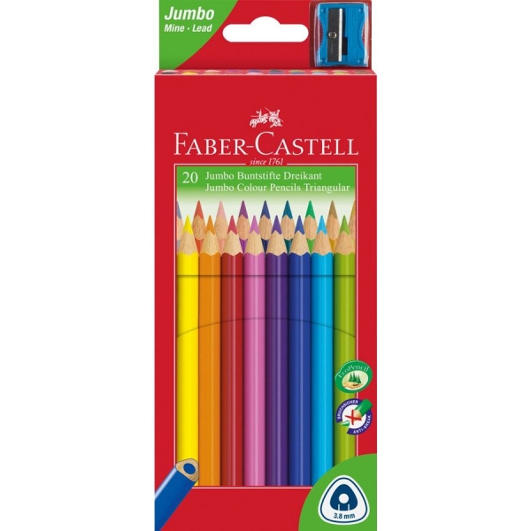 Faber-Castell Jumbo Junior Pack De 20 Lapices De Colores Triangulares + Sacapuntas - Mina Resistente A La Rotura - Lavable - Colores Surtidos