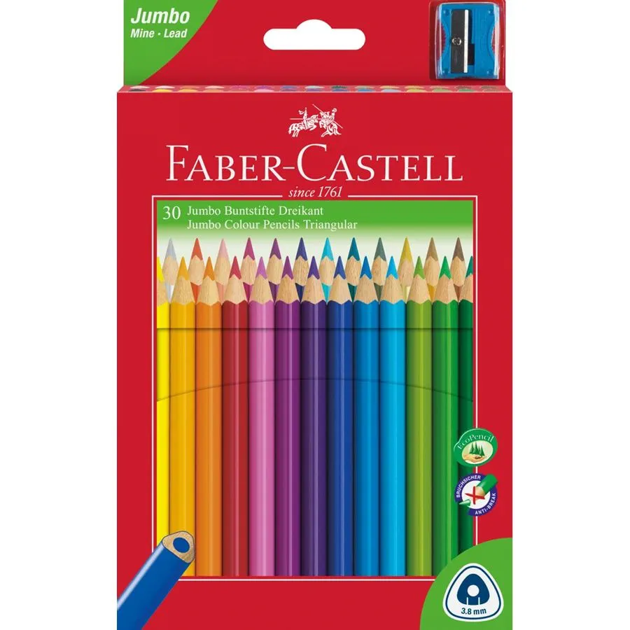 Faber-Castell Jumbo Junior Pack De 30 Lapices De Colores Triangulares + Sacapuntas - Mina Resistente A La Rotura - Lavable - Colores Surtidos