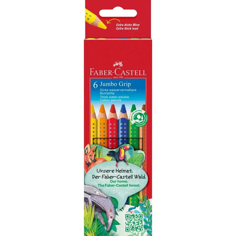 Faber-Castell Jumbo Grip Pack De 6 Lapices De Colores Triangulares Con Grip De Agarre - Mina Extragruesa Jumbo - Acuarelable Y Lavable - Colores Surtidos