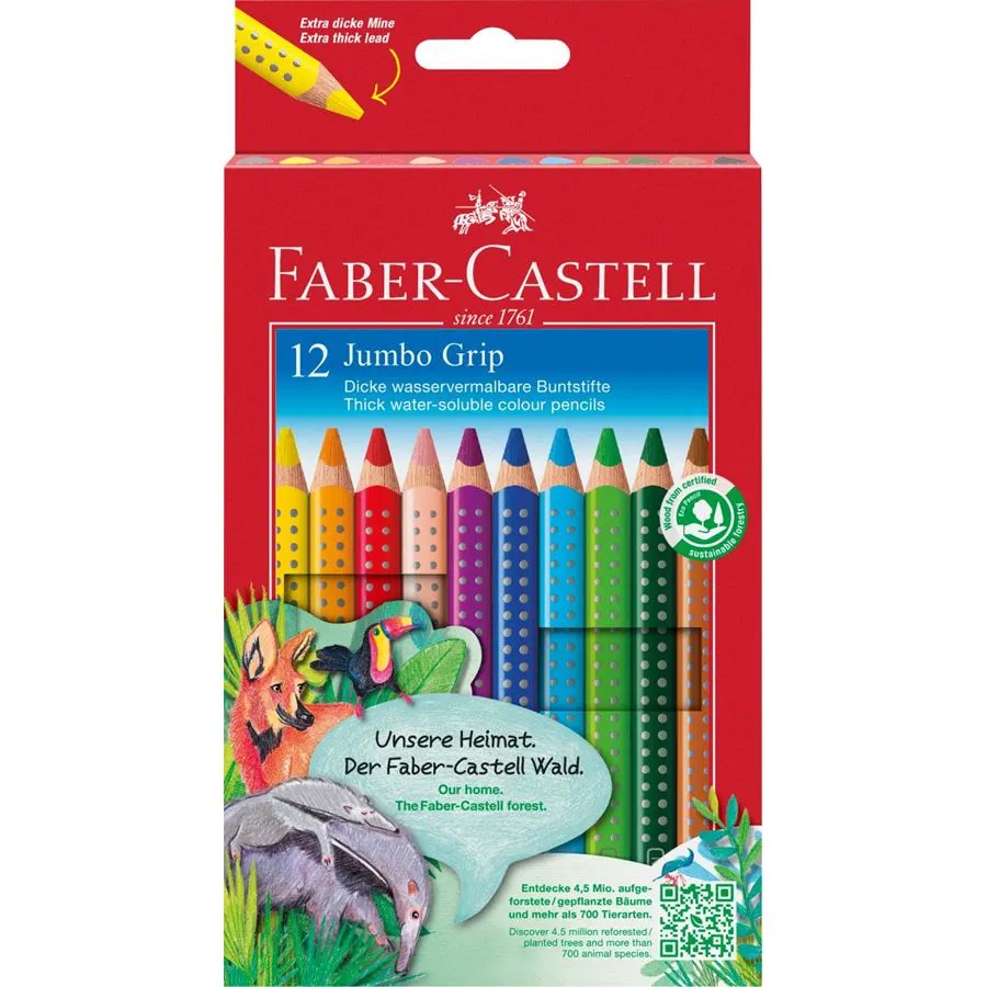 Faber-Castell Jumbo Grip Pack De 12 Lapices De Colores Triangulares Con Grip De Agarre - Mina Extragruesa Jumbo - Acuarelable Y Lavable - Colores Surtidos