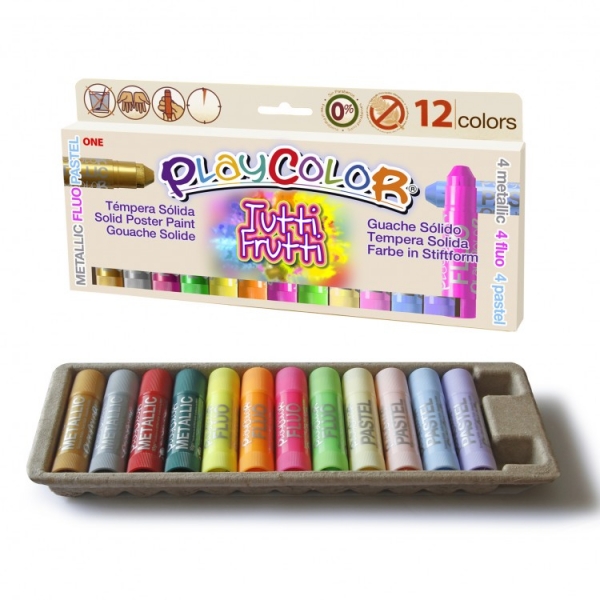Playcolor Tuttifrutti Pack De 12 Temperas Solidas - No Arrugan El Papel - No Necesitan Barniz - Colores Metallic, Fluo Y Pastel Surtidos