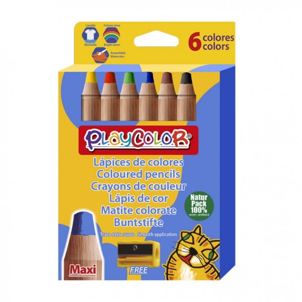 Playcolor Maxi Pack De 6 Lapices De Colores De Punta Gruesa + Sacapuntas - Trazo Extrasuave - Apto Para Papel, Carton, Vidrio Etc... - Colores Surtidos