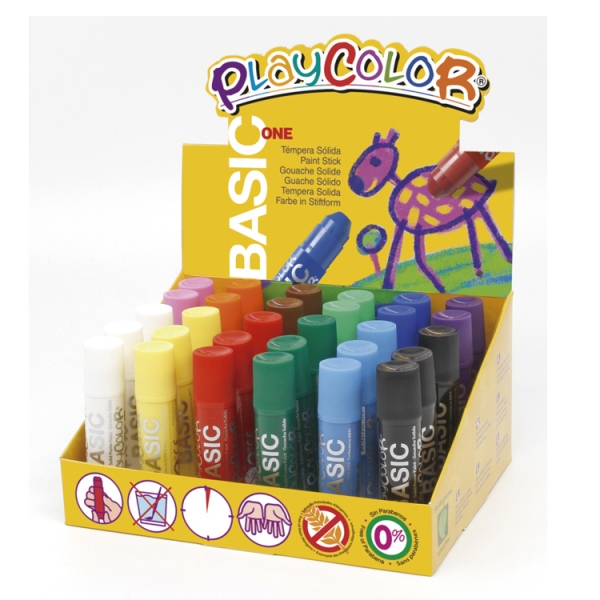 Playcolor Basic One Expositor De 30 Temperas Solidas - No Arrugan El Papel - No Necesitan Agua - Especial Para Uso Escolar - Colores Surtidos