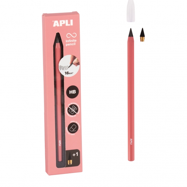 Apli Infinite Pencil Pack De Lapiz Infinito Hb + Mina De Recambio + Tapon Protector - Para Escribir Hasta 16Km - Color Rosa